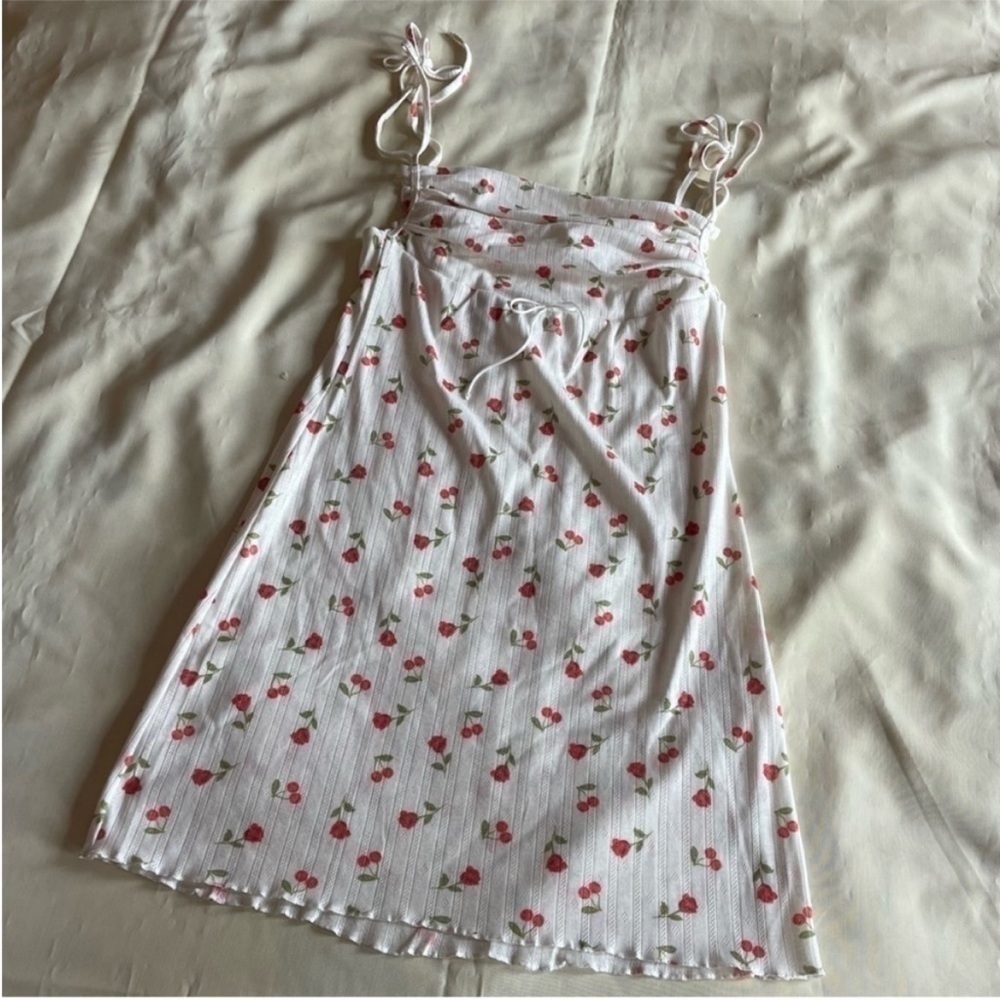 For Love And Lemon- White Mini Dress Rose Cherry Patterns Pointelle Dress Size L - Picture 5 of 12